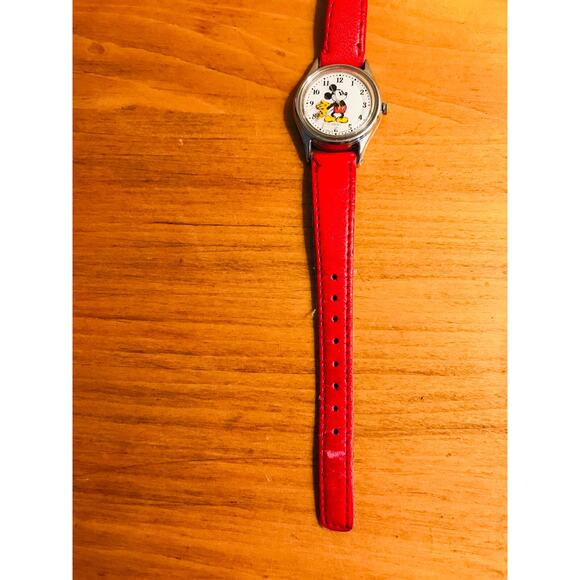 Vintage 90s Disney Mickey Mouse Quartz Watch Red Leather Band - Read Description main image 5